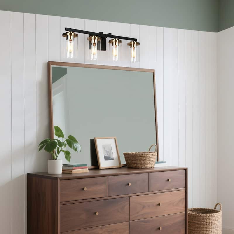Modern Farmhouse 4-Light Black Gold Linear Bathroom Vanity Light Cylinder Glass Wall Sconce