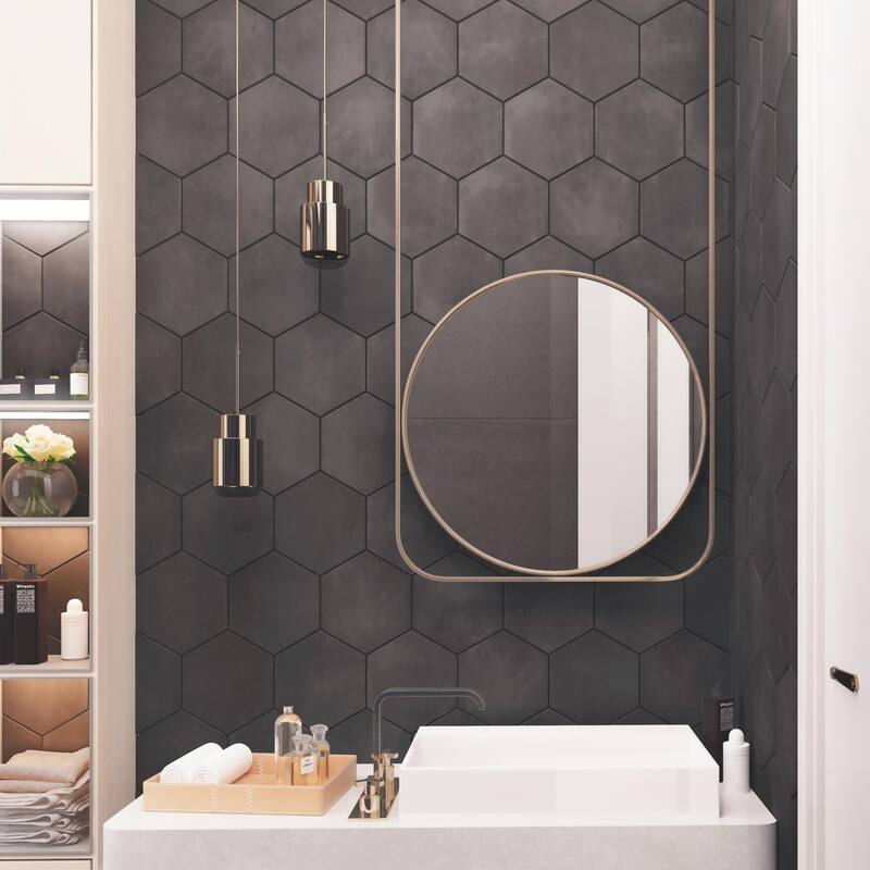 Merola Tile Horizon Hex Nero 7-3/4" x 9" Porcelain Floor and Wall Tile