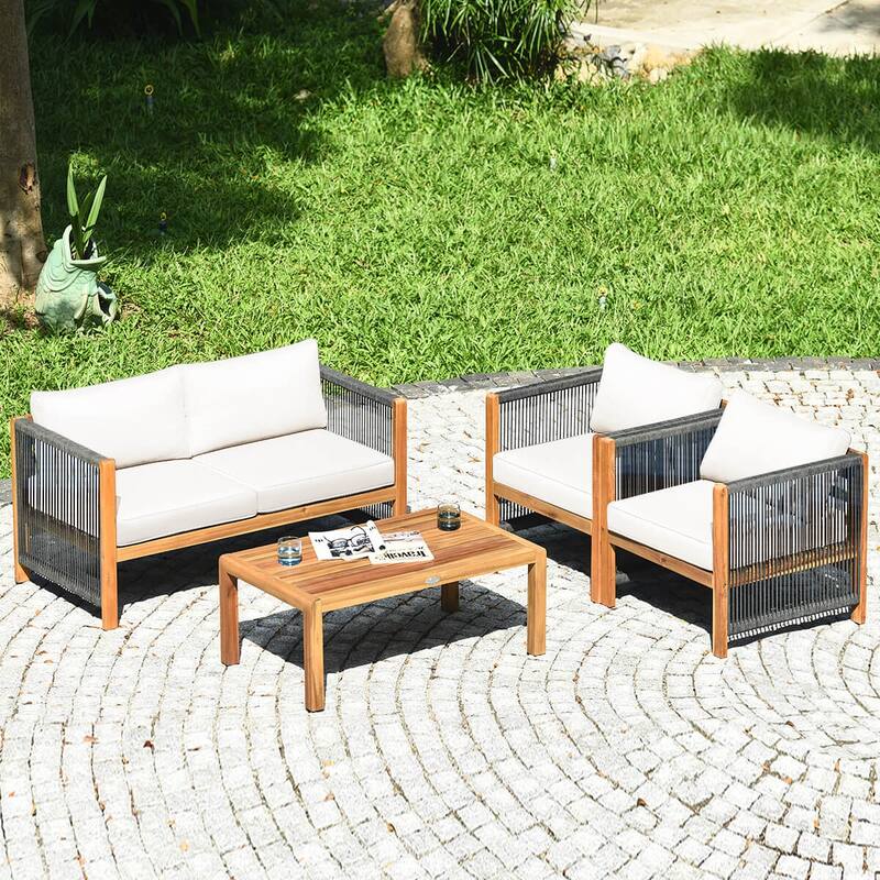 Costway 4 PCS Wood Outdoor Patio Furniture Set with Cushions White Red - See Details