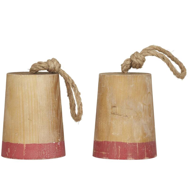 Brown Wood Door Stopper Buoy Decorative Sculpture with Rope Accents (Set of 2)