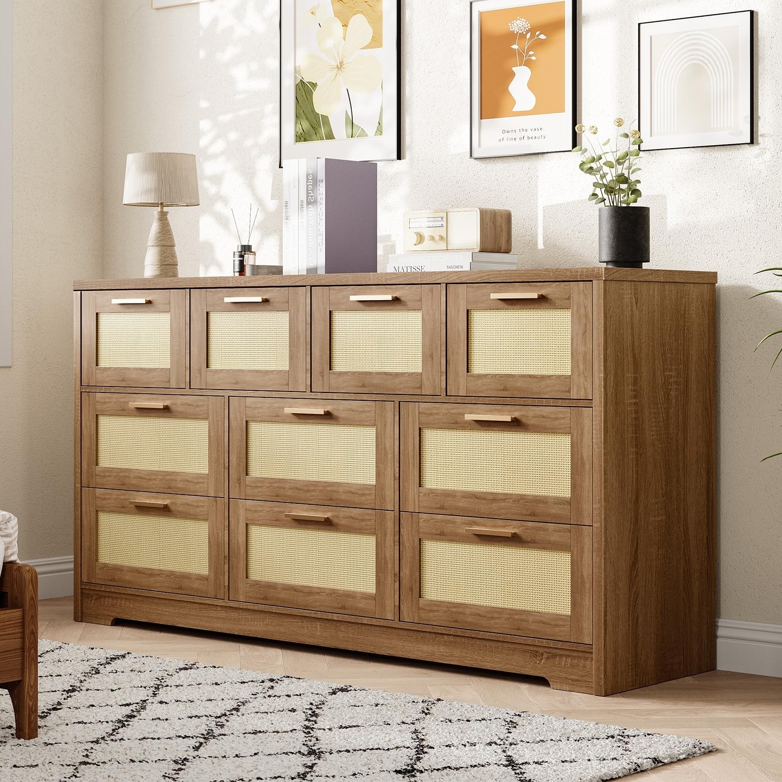 Drawers Dresser Rattan Chest with Spacious Tabletop & Handles, Closet Dresser Organizer TV Stand for Living Room Hallway