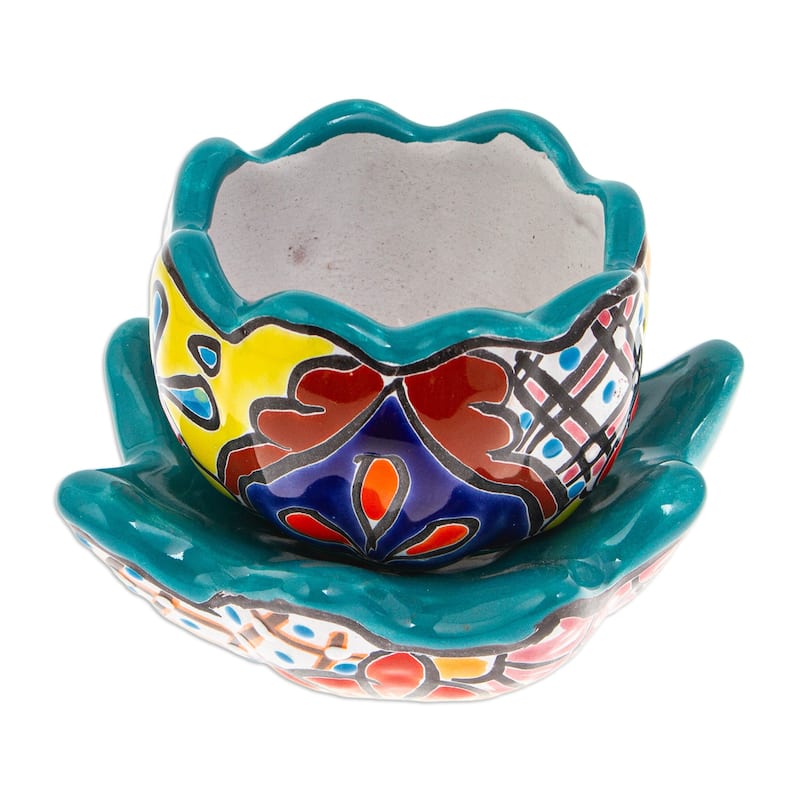 Novica Handmade Talavera Eden In Teal Ceramic Flower Pot