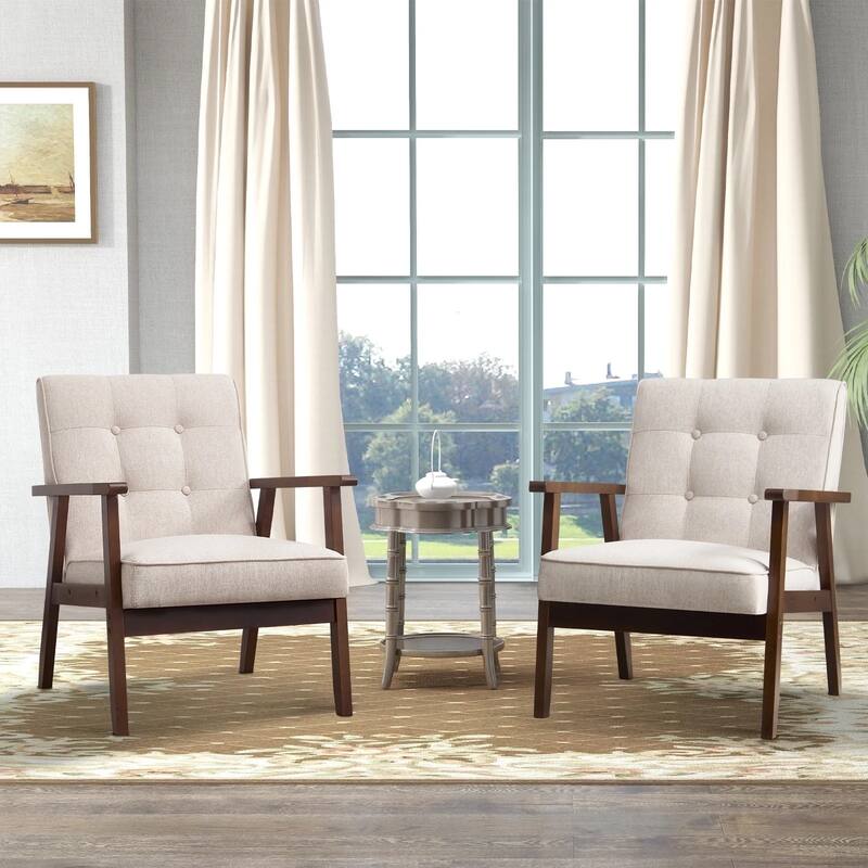 Ebello Mid-Century Modern Upholstered Leather Accent Chair with Solid Wood Frame - 2PCS-Beige