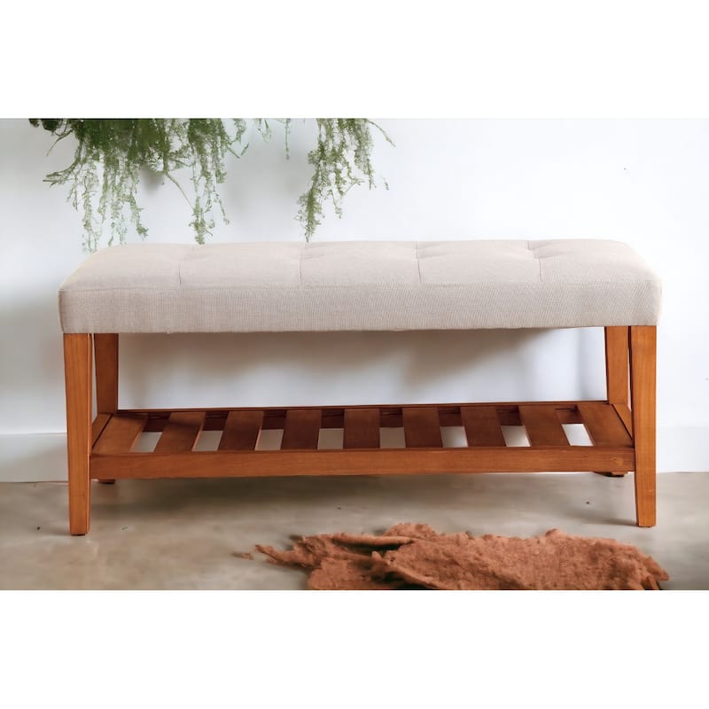 Fabric Upholstered Storage Bench with Slatted Shelf and Tapered Legs