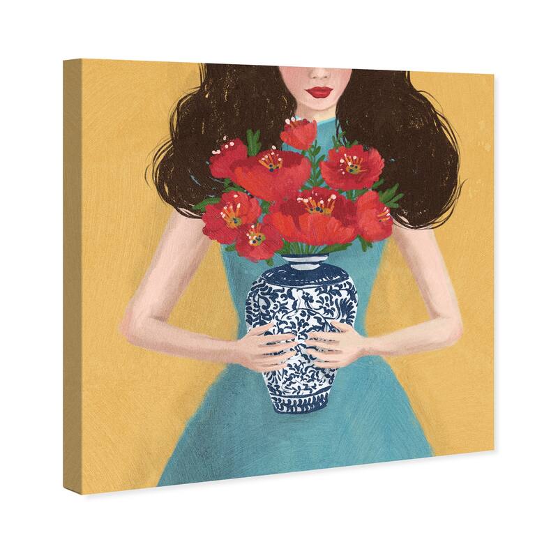 Wynwood Studio Canvas Floral and Botanical Girl with Poinsettias Yellow and Modern & Contemporary Wall Art Canvas Print