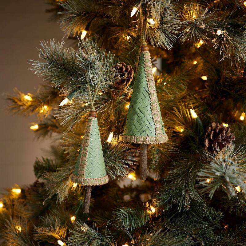 Woven Bamboo Pine Tree Ornament (Set of 4) - N/A