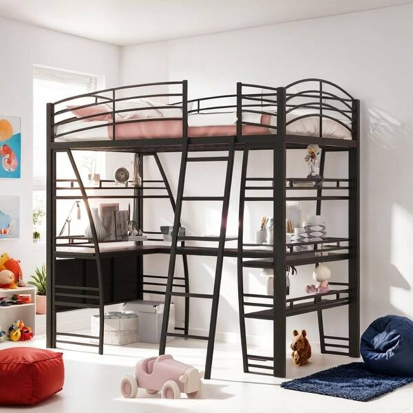 slide 2 of 14, Stylish Twin Size Loft Bed with 4 Layers of Shelves, L-shaped Desk, a set of Sockets, USB Ports and and Wireless Charging, Black Espresso