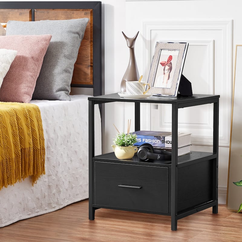 Javlergo Square Design Nightstand with Open Shelf and Drawer Multiple Storage for Bedroom or Living Room End Table