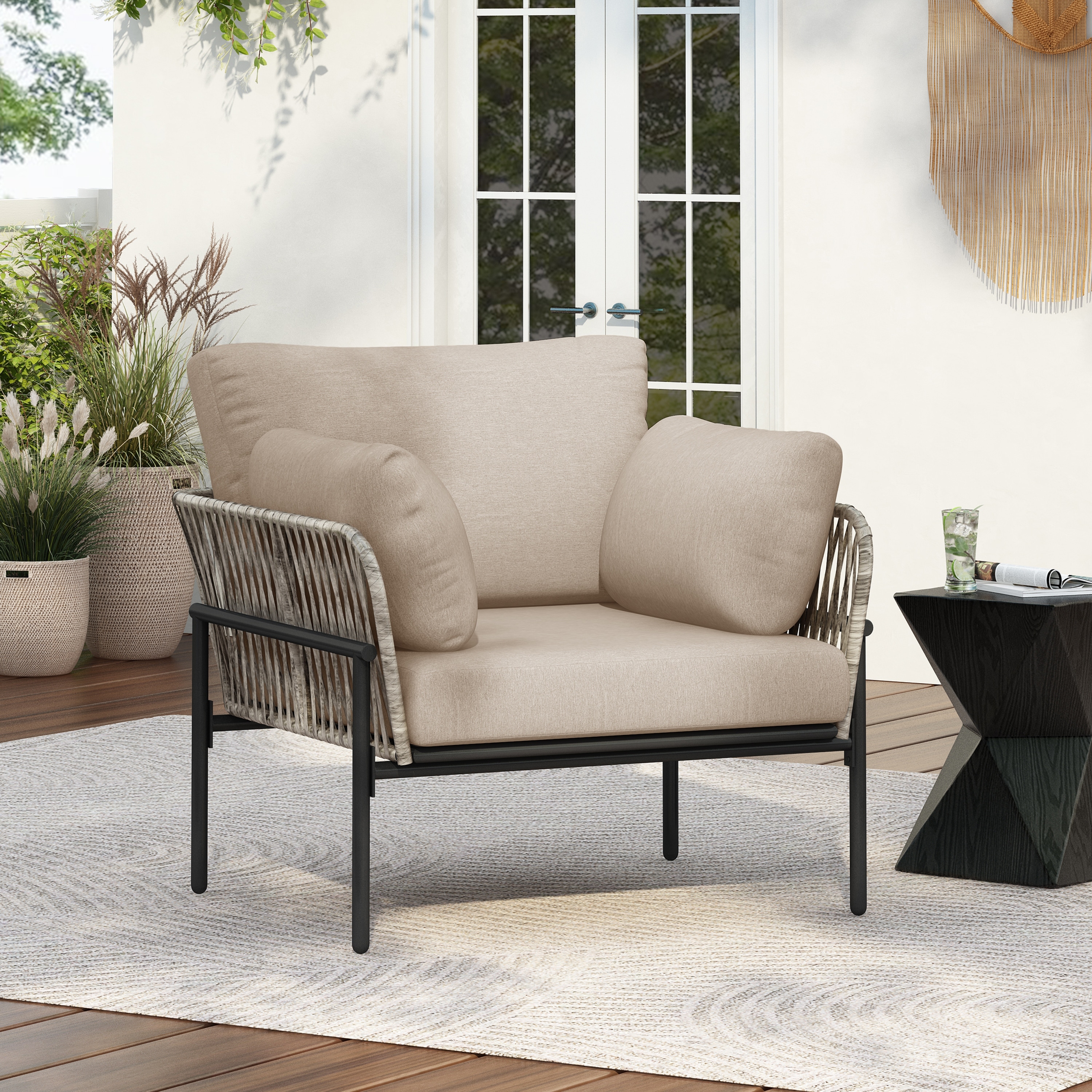 36" Beige Iron Lounge Chair with Rope Weave Design and Plush Cushions, Perfect for Indoor and Outdoor Relaxation