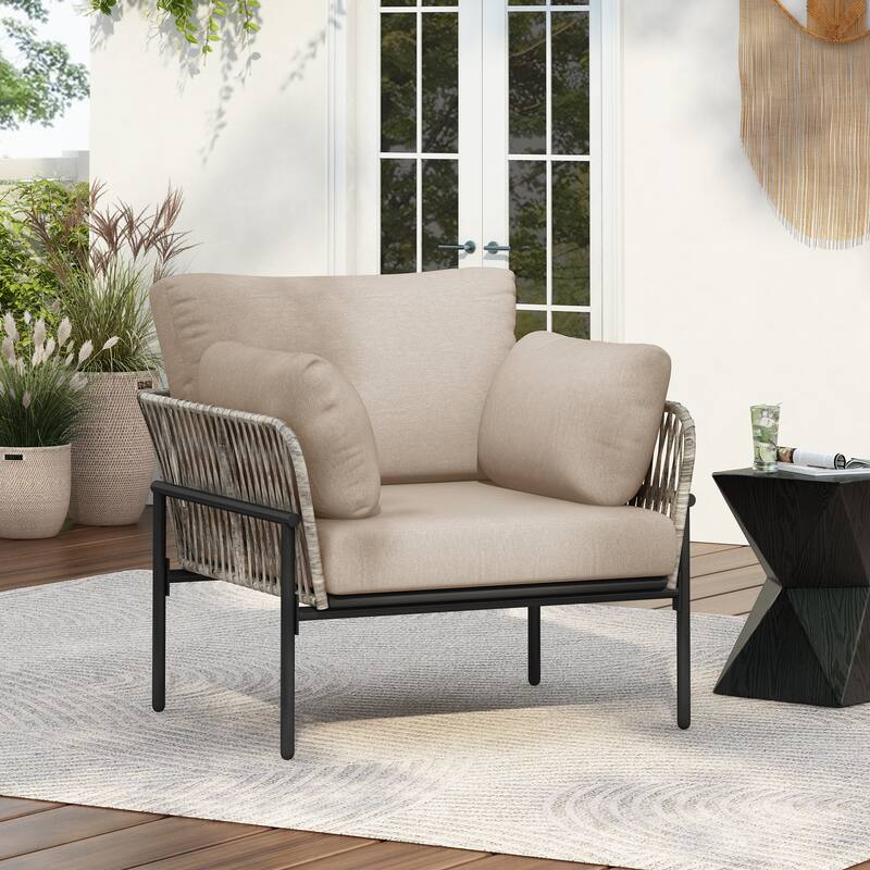 36" Beige Iron Lounge Chair with Rope Weave Design and Plush Cushions, Perfect for Indoor and Outdoor Relaxation - Beige+Grey