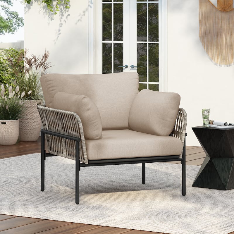 Roomfitters 36" Outdoor Lounge Chair with Rope Weave, Metal Frame and Beige Cushions, Modern Patio Armchair