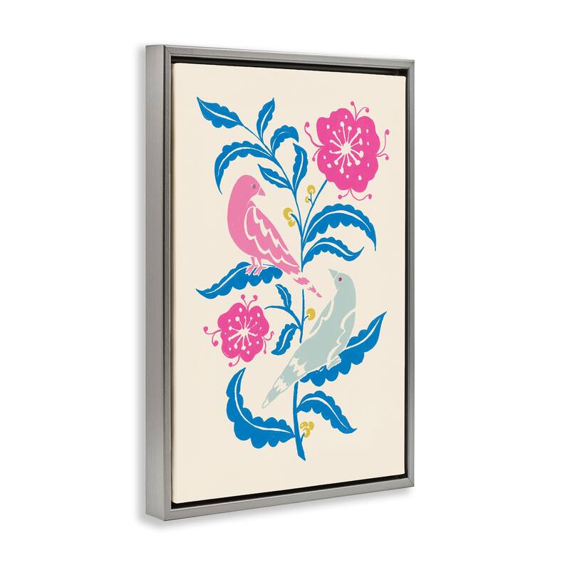 Stupell Minimal Bird Couple on Leaves Framed Floater Canvas Wall Art Design By Hannah Moren