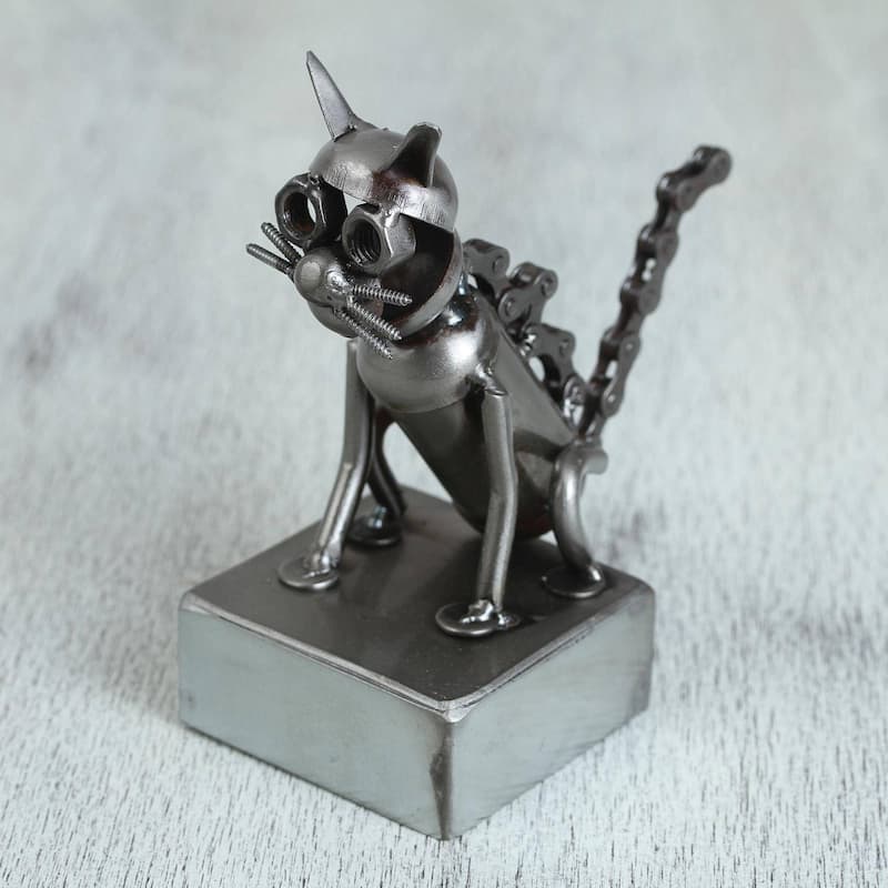 NOVICA Sitting Cat, Upcycled metal auto part sculpture