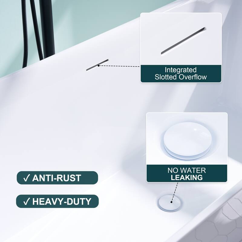 66'' W,78 GALLONS Freestanding Acrylic Soaking Bathtub With Drain And Overflow Holes
