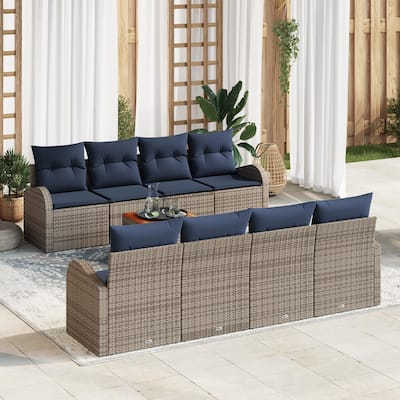 vidaXL 9 Garden Sofa Set with Cushions Black/Grey Poly Rattan - 92.1 x 24.4 x 27.2
