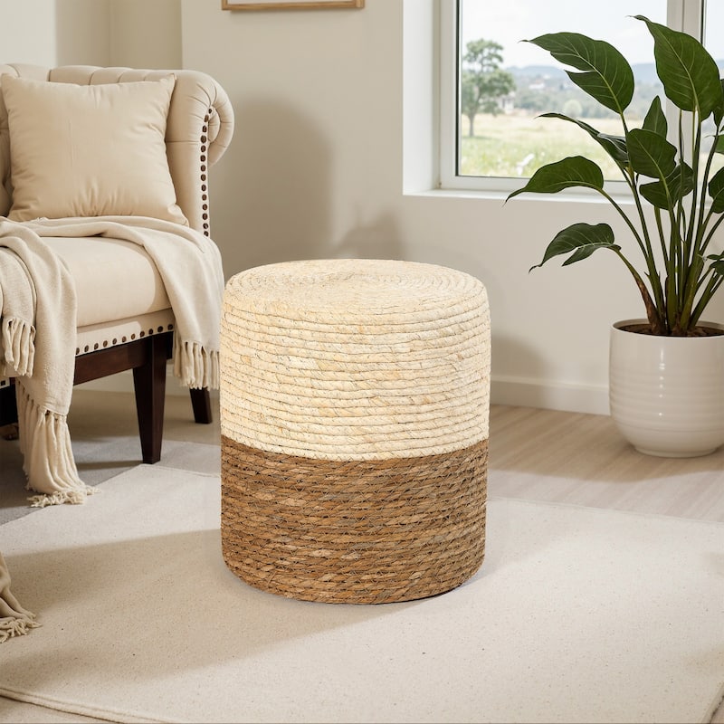 Adeco Round Ottoman Natural Cattail Hand Weave Foot Stool - 15.9" Height - Beige&Natural