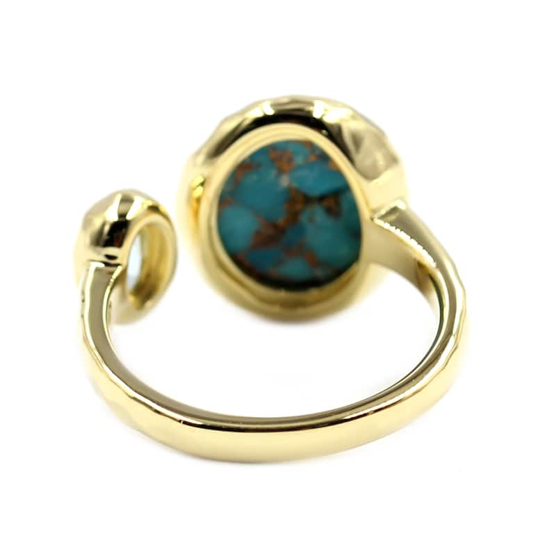18K Yellow Gold Over Sterling Silver Blue Copper Turquoise, Sky Blue Topaz Ring