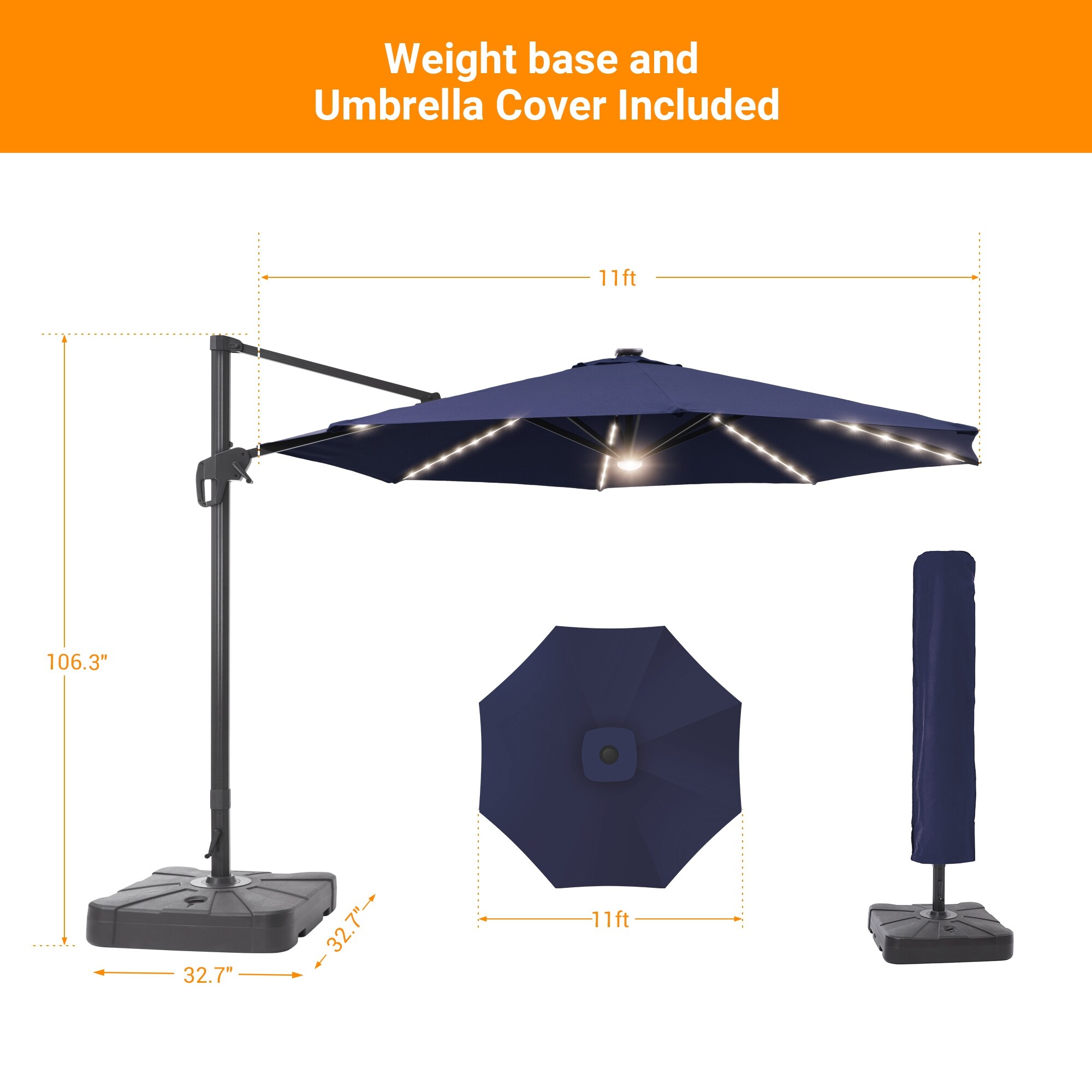 11ft Solar LED Aluminum Patio Offset Umbrella with Base - Bed Bath u0026 Beyond  - 32873274