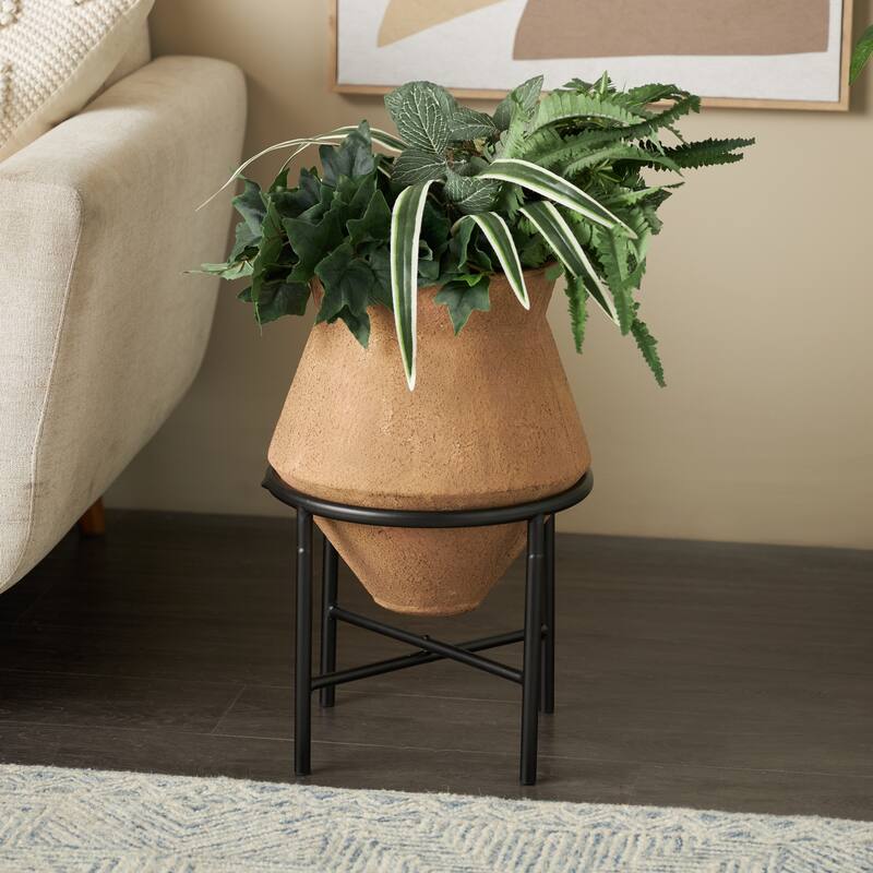 Metal Wide Vase with Black Metal Stands - Beige or Brown - Roche River Decor
