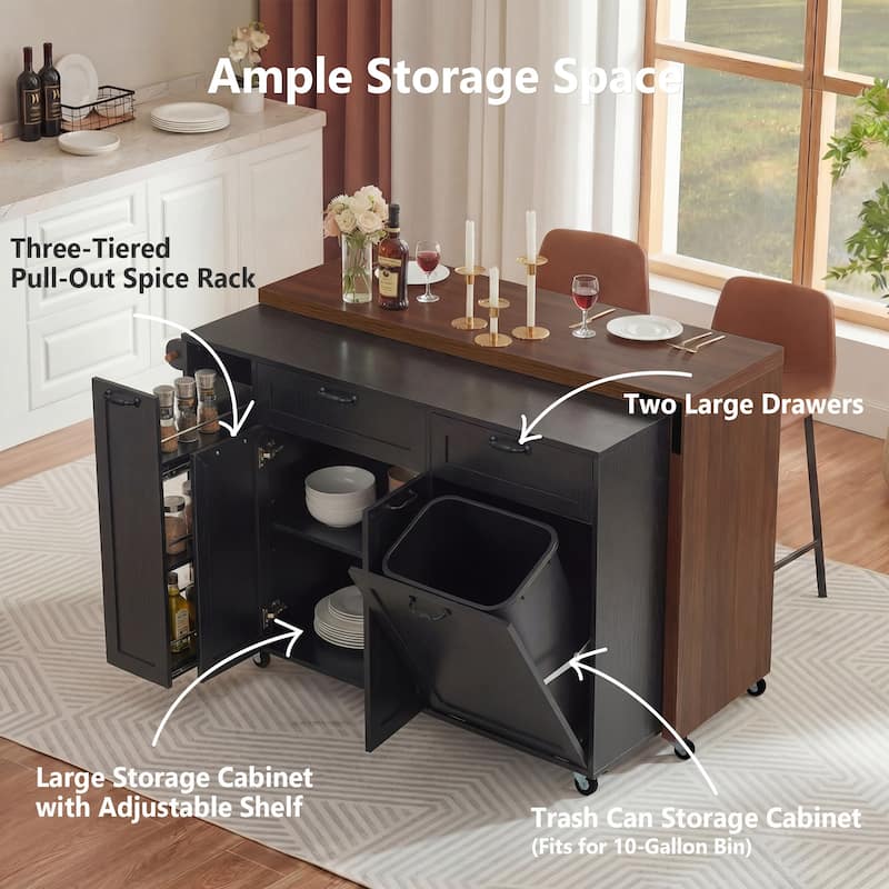102.3" Kitchen Island with Extendable Dining Table, Trash Storage Cabinet & 3-Tier Pull-Out Spice Rack