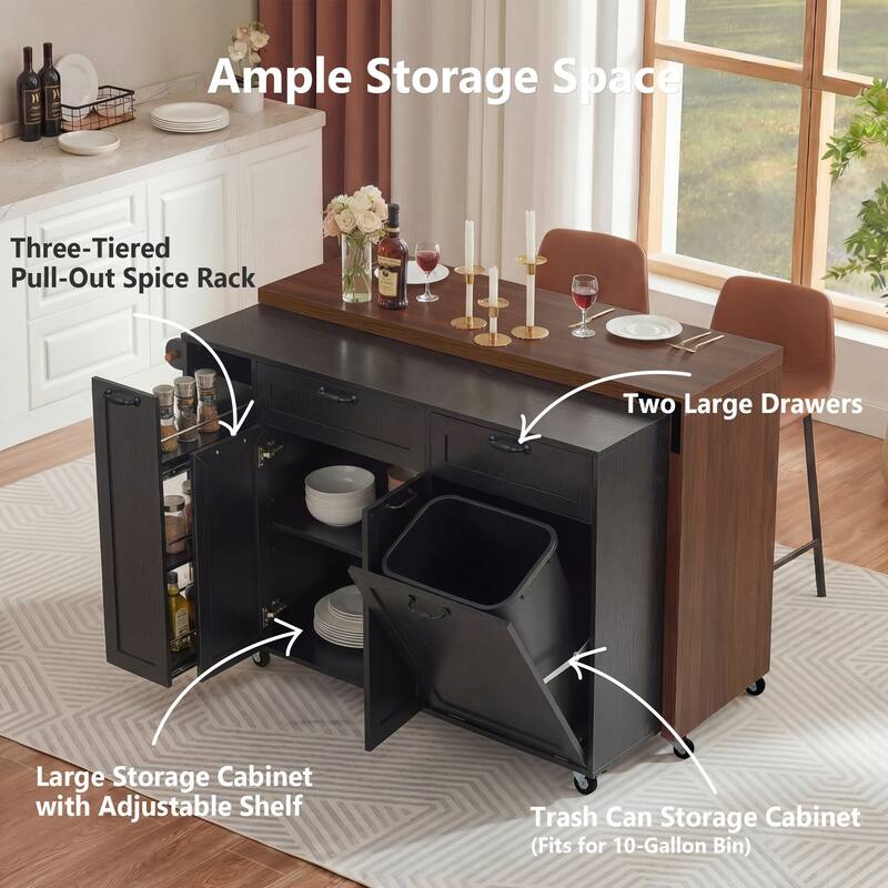 102.3" Kitchen Island with Extendable Table, Kitchen Rolling Island Cart with Trash Storage Cabinet, 3-Tier Pull-Out Spice Rack