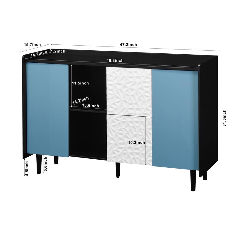 Sideboard Buffet Cabinet,Storage Cabinet with Blue Doors,2 Drawers with unique panel styling and 2 Open Storage Compartment