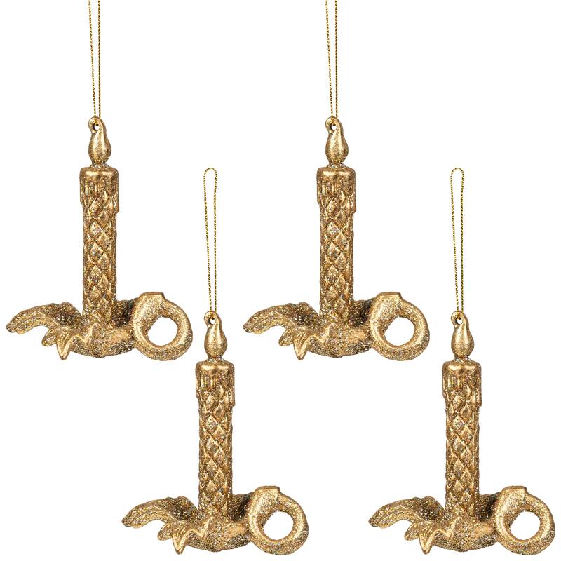 Glitter Drenched Candlestick Christmas Ornaments - 4" - Gold - Set of 4