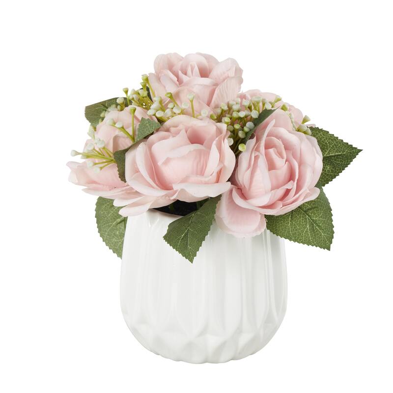 Pink Fabric Artificial Flower with Green Leaves and Round Ceramic Vase