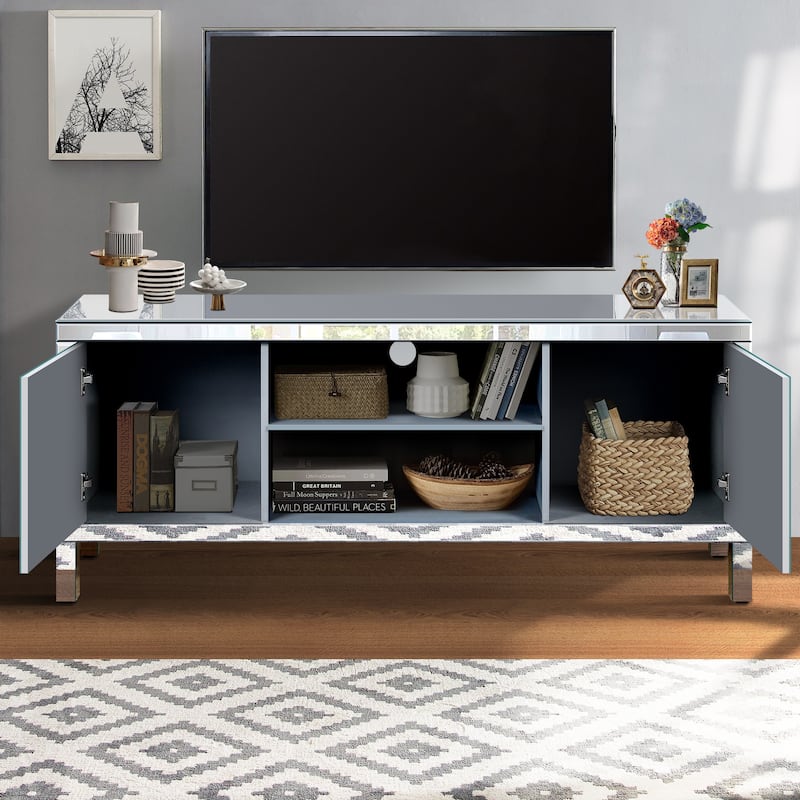 59" TV Stand with M Shape Sparkling Mirror Doors, Open Storage and 2 Storage Cabinets for TVs Up to 65"