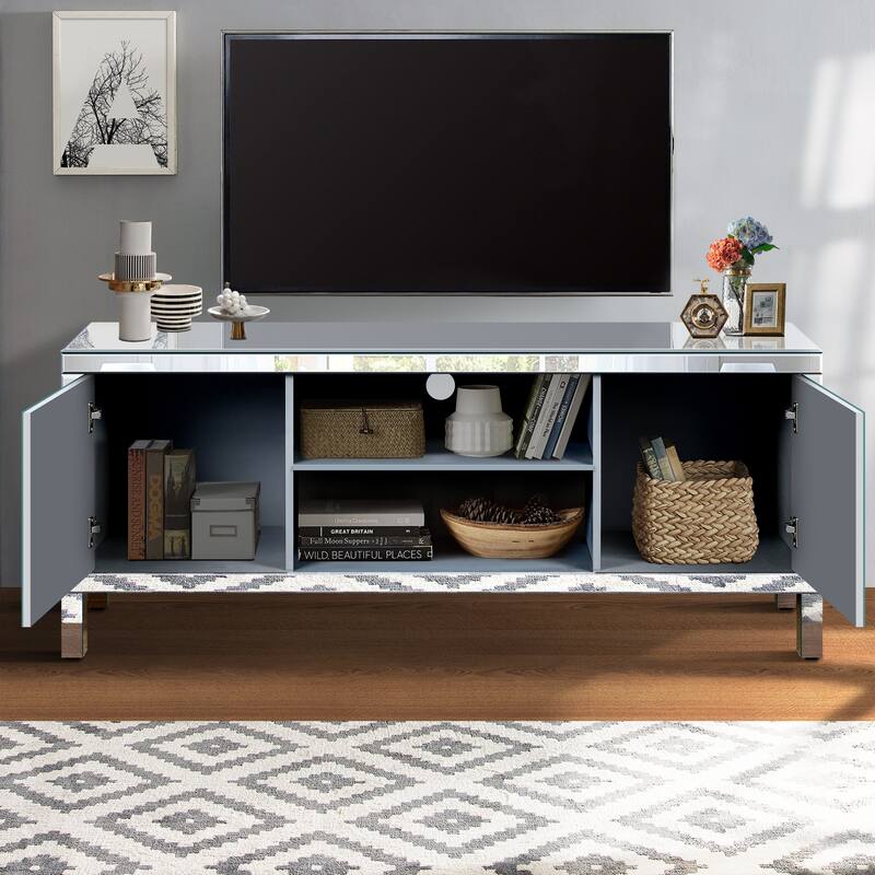 Mirrored TV Stand for 65+ inch TV,Sliver TV Console Table with Open Storage & 2 Storage Cabinets for Living Room