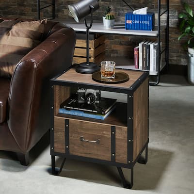 DH BASIC Industrial Oak 17-inch Metal 1-Drawer End Table by Denhour