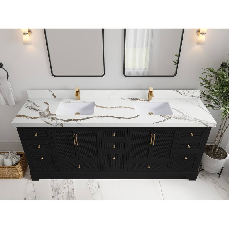 Willow Collections 84 in. W x 22 in. D Alys Double Bowl Sink Bathroom Vanity with Countertop - 2"Calacatta Gold - Black