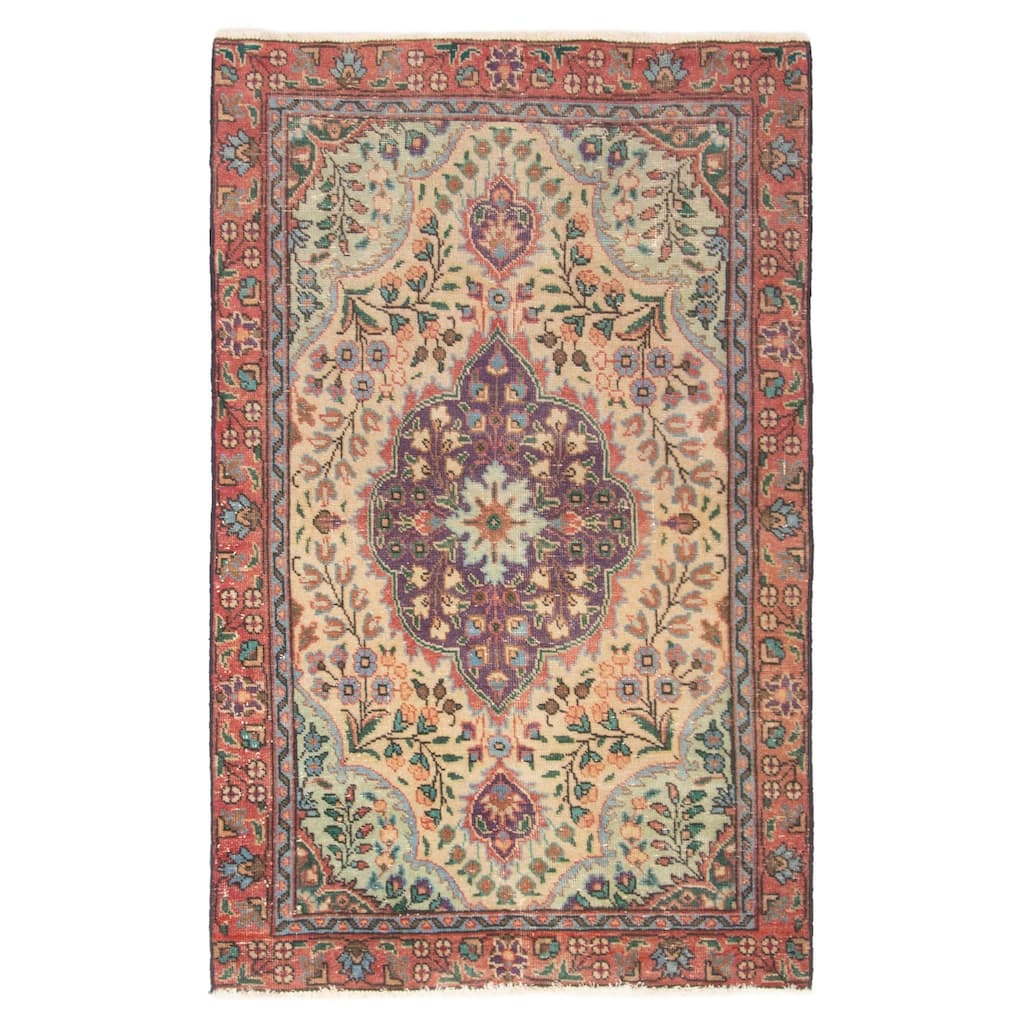 ECARPETGALLERY Hand-knotted Antalya Vintage Cream Wool Rug - 3'0 x 4'9
