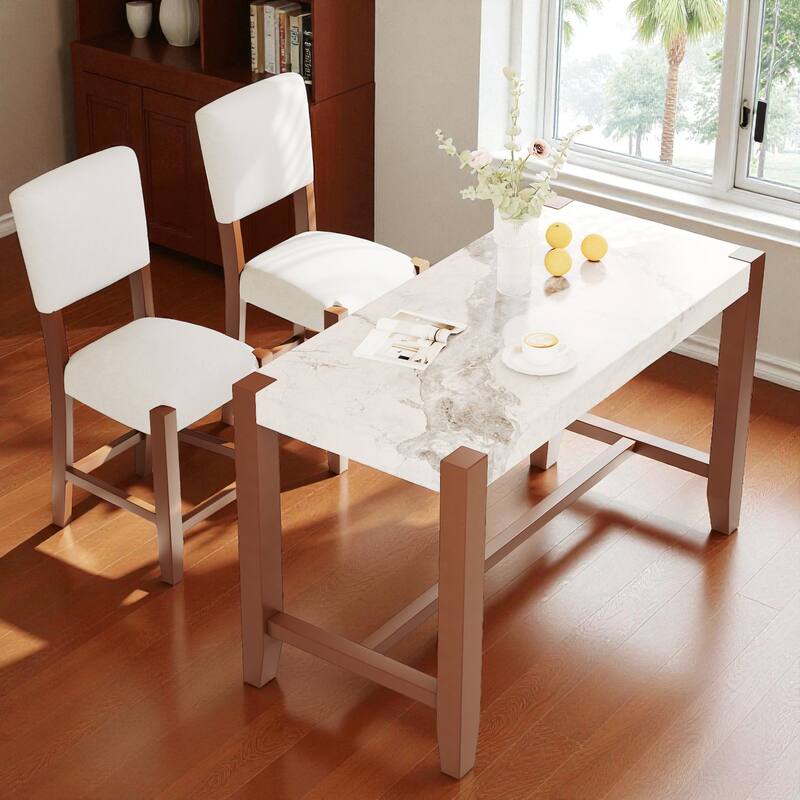 3-Piece Counter Height Dining Table Set, Faux Marble Table with 2 Upholstered Chairs, Modern Bar Table Set for Kitchen