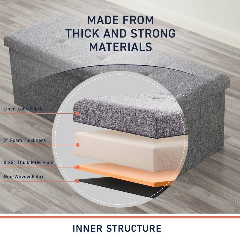 Foldable Tufted Linen Storage Ottoman Bench
