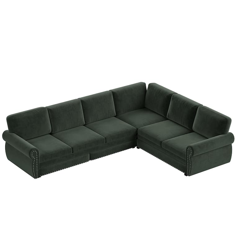 L-Shaped Sectional Sofa with Pull-Out Bed, Oversize Convertible Sleeper Sofa with Rolled Arms, Chenille Upholstery