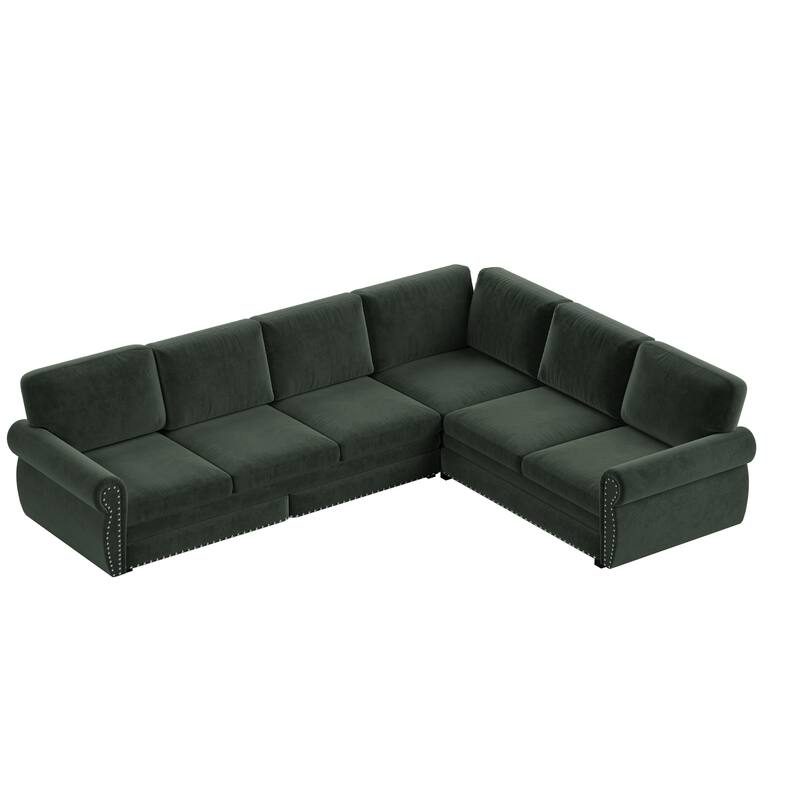 L-Shaped Sofa Couch with Pull-Out Bed, Convertible Sleeper Sofa with Nailhead Trim & Rolled Arms, Chenille Upholstered Couch