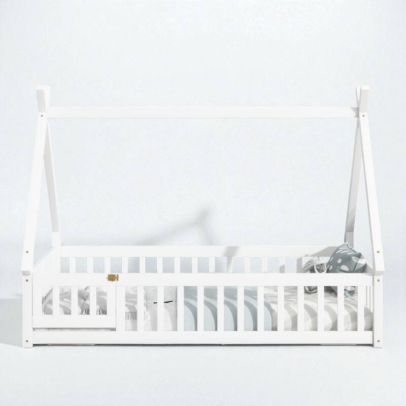 Twin Size Rubber Wood Teepee Floor Bed with Guardrails, Slats and Door for Kids Bedroom