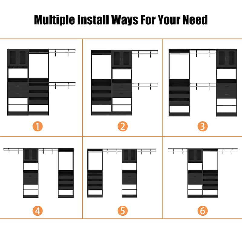 80"-120" Closet System With Door and Wooden Drawers, Closet Organizer System with 3 Haning Rods and Storage Shelves