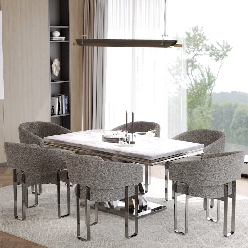 Luxury Dining Room Table Set with Armrest Dining Chairs - Silver - Table with 6 Chairs