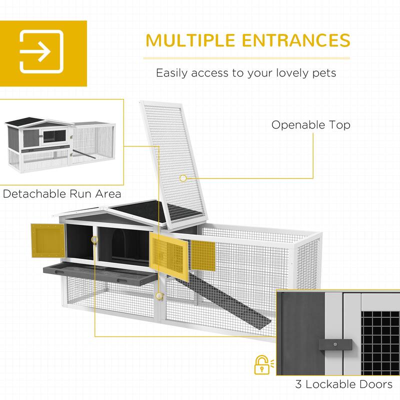 Outdoor Bunny Hutch with Waterproof Roof and Large Run Ramp Feeding Trough for 1-2 Small Animal - 61.5"L x 22.75"W x 26.75"H