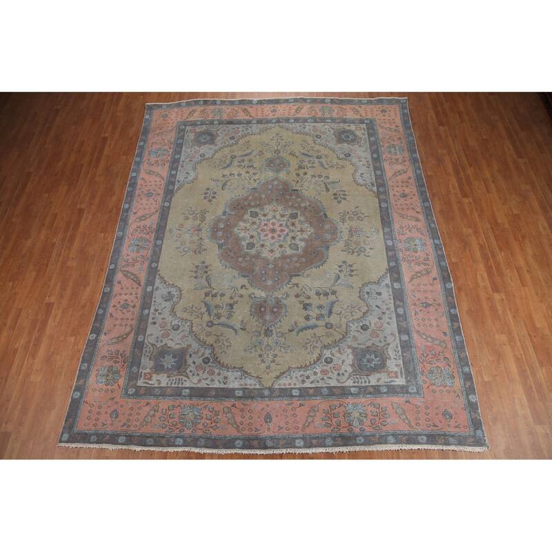 Hand Knotted Oriental 100% Wool Carpet Traditional Floral Green Tabriz Area Rug - 12' 0'' X 9' 4''