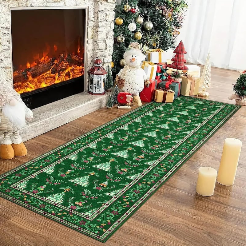 Soft Low Pile Festive Washable Christmas Area Rug for Xmas Holiday Decor, Green - 2*8ft