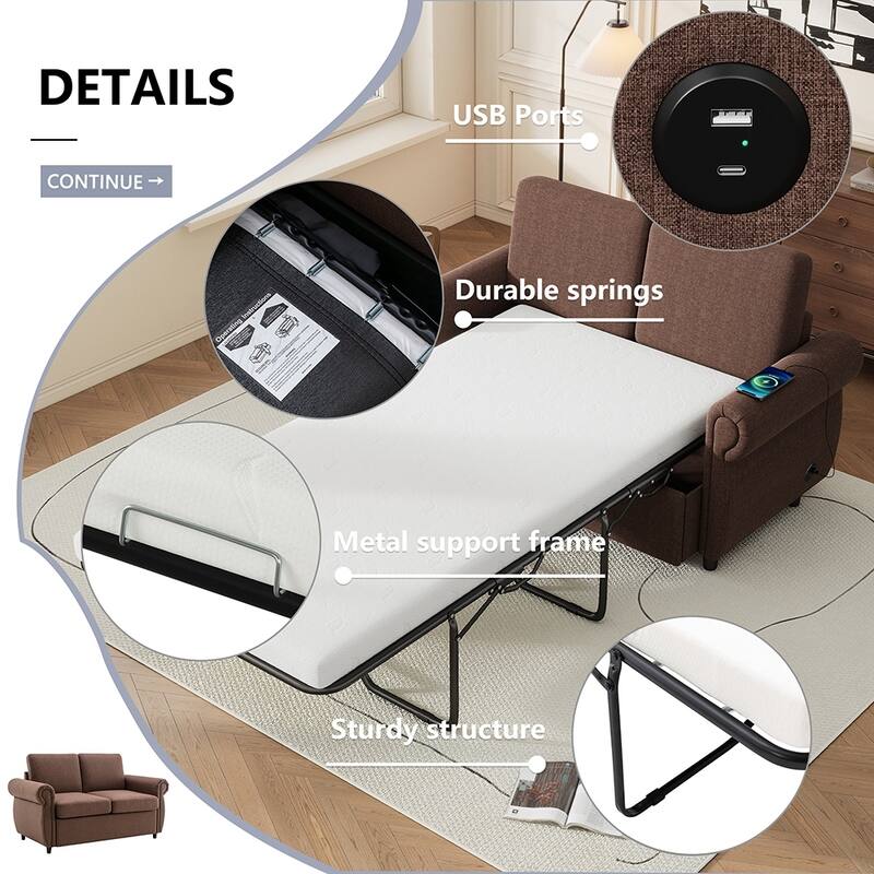 57.9" Pull Out Sofa Bed Loveseat Sleeper with Twin Memory Mattress