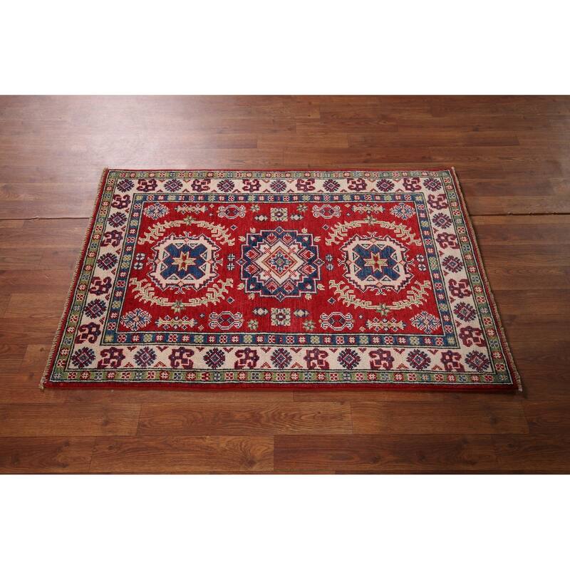 Red Traditional Kazak Oriental Accent Rug Hand-Knotted Wool Carpet - 2'7" x 4'2"