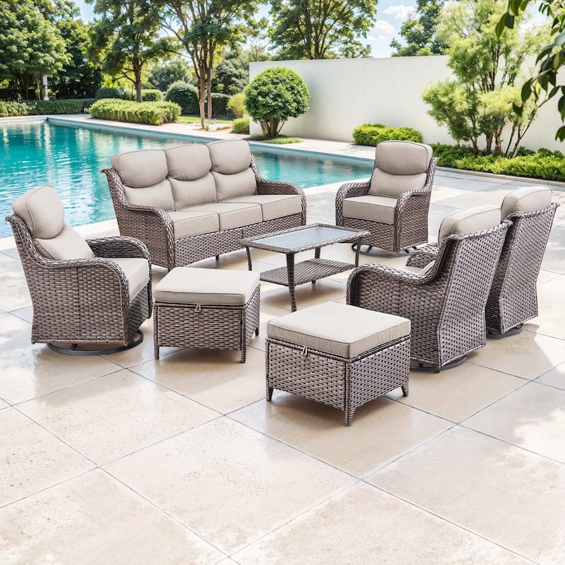 Gymojoy 8-Piece Patio Furniture Set with Swivel Glider Chairs, 6-Inch Ultra-Plush Cushions & Water-Resistant Olefin Fabric