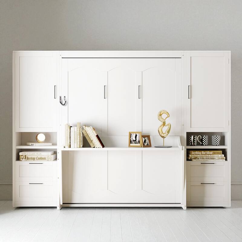 Queen Size Murphy Wall Bed with Closet, Storage Drawers and Shelves, Foldable Cabinet Bed Frame