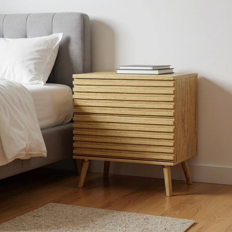 HomeRoots 23" Natural Solid Wood Ribbed Texture Two Drawer Nightstand - Natural - 2-drawer