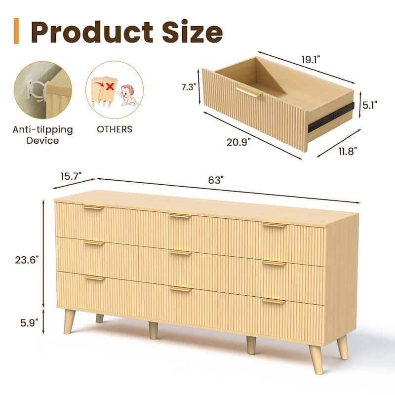 Meyreso Modern Boho Wave Wood Dresser, Wide Storage Cabinet