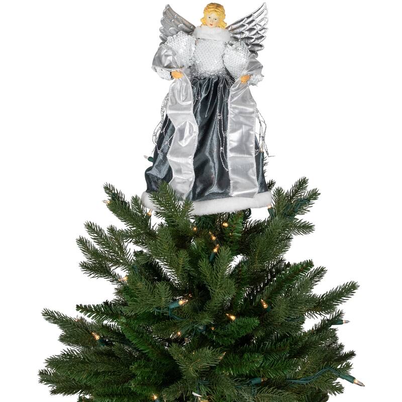 12" Slate Metallic Silver Sequined Angel Christmas Tree Topper, Unlit